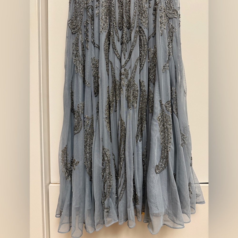NWT |Mac Duggal A5434 Silver Short Sleeve Beaded A-line Tea Length Dress Size 10 - Picture 10 of 16